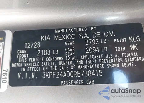 2024 Kia Forte Lxs from USA, damaged, VIN 3KPF24AD0RE738415